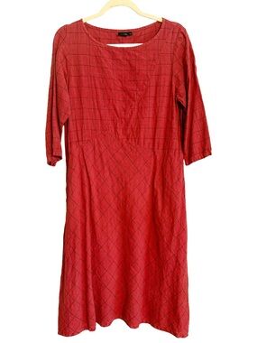 100% Linen 🧱 Red Windowpane Midi Dress S & XS w/ POCKETS